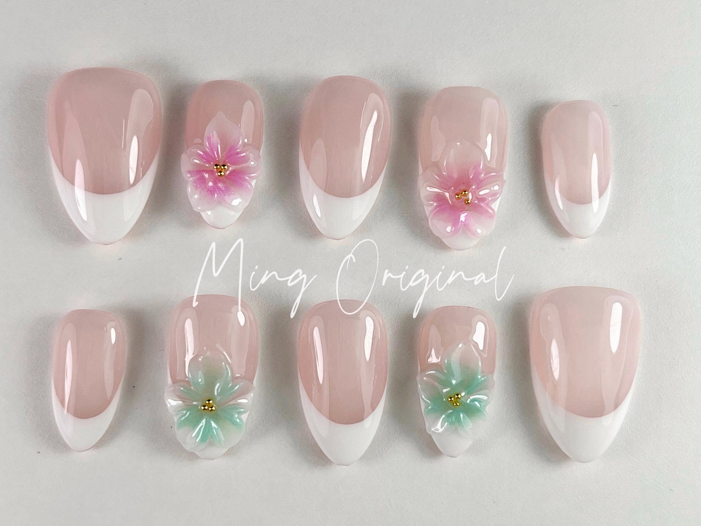 Simple Pastal Pink and Green Summer Jelly Flower 3D Free Style with Pearls press on nails, Fairycore Floral Nail, French Tip