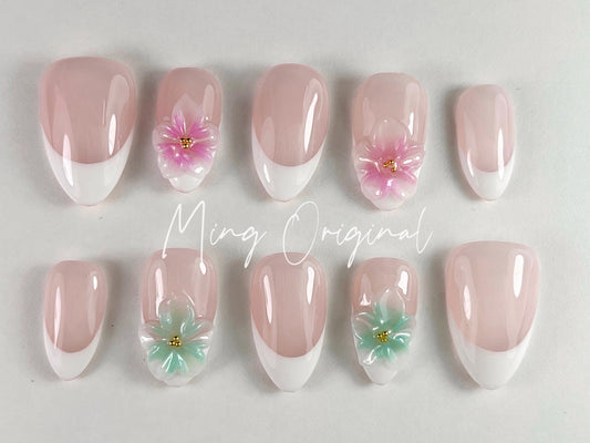 Simple Pastal Pink and Green Summer Jelly Flower 3D Free Style with Pearls press on nails, Fairycore Floral Nail, French Tip