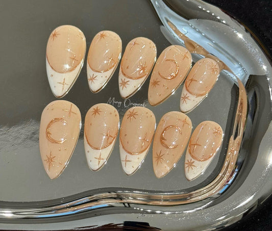 Moon and Star Gold chrome nude Press on Nails, French tip hand painted free style fake Nails, MO254