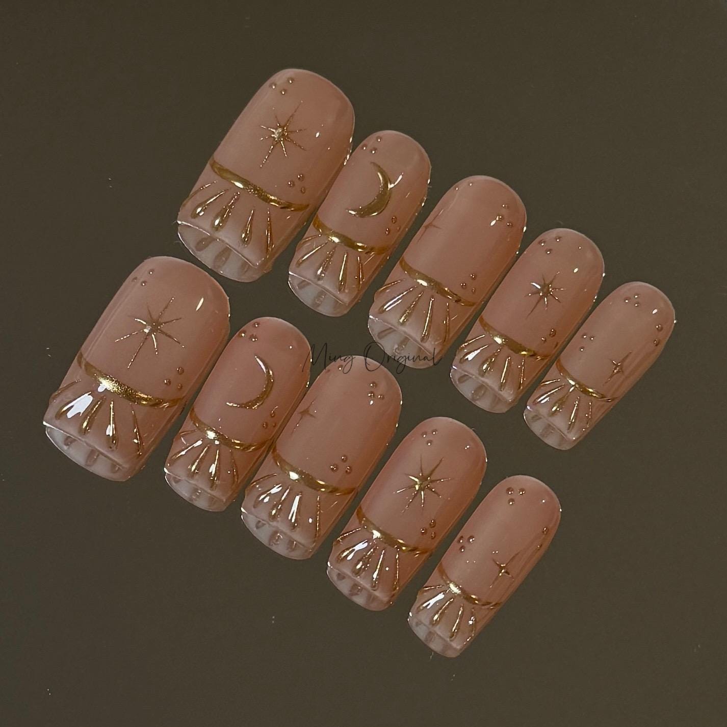Nude Free style French tip Chrome gold press on nails, Everyday nail, nude handmade art nail, wedding bridal nail,  gift for her, MO424