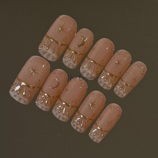 Nude Free style French tip Chrome gold press on nails, Everyday nail, nude handmade art nail, wedding bridal nail,  gift for her, MO424