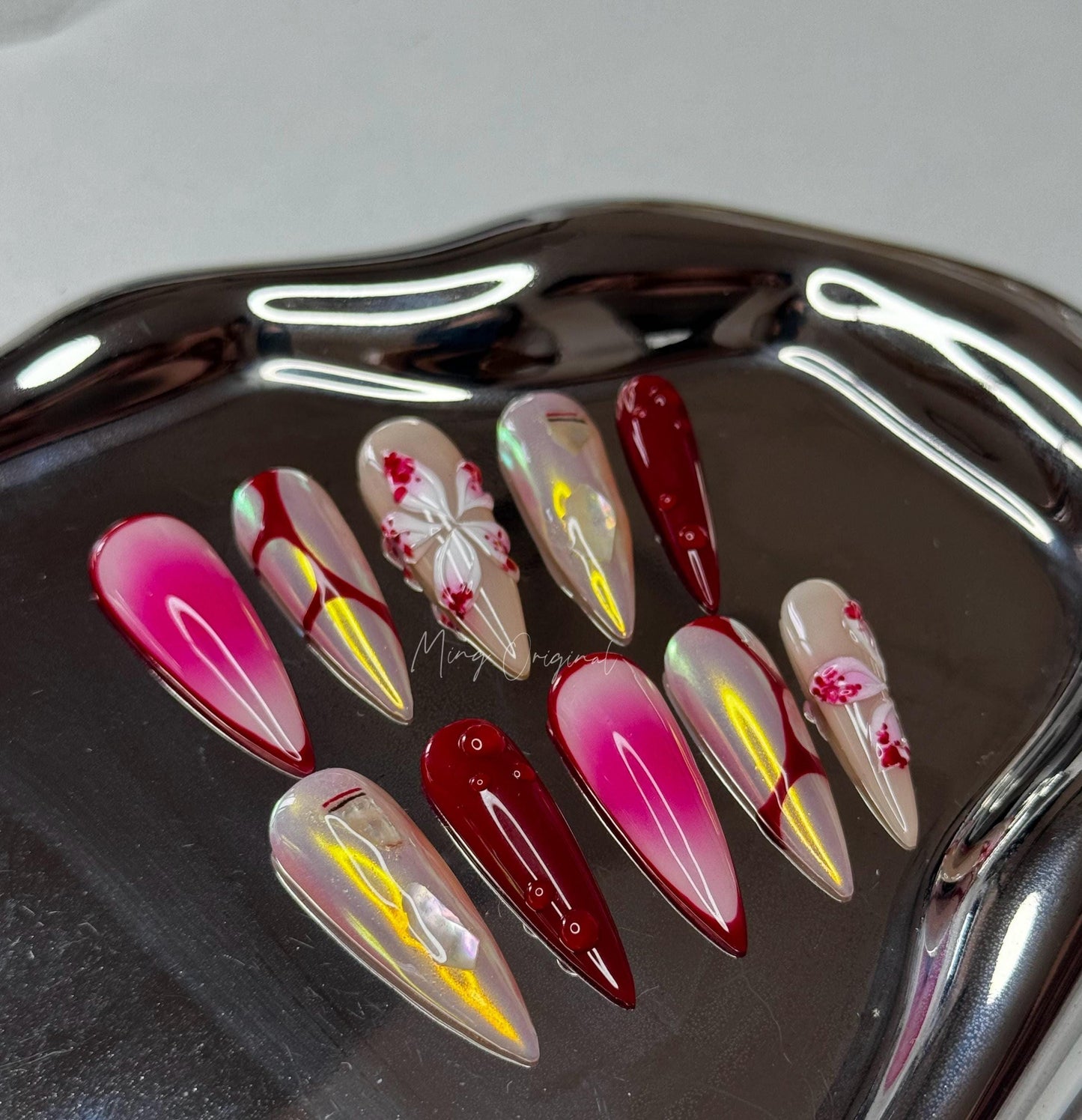 Red Halloween Orchid lily flower Press on Nails, chrome nail, red abstract line, free style 3d sculpted Fairycore Tropical Floral