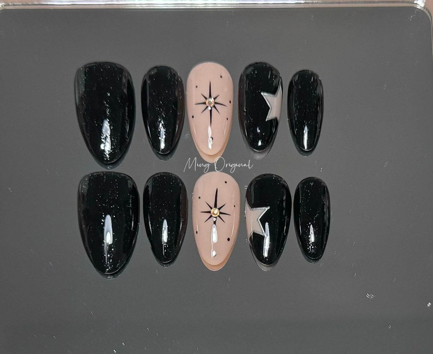 Simple black and silver glitter star Press on Nails, nude everyday nail , glue on nail, holiday Christmas birthday gift for her,MO336