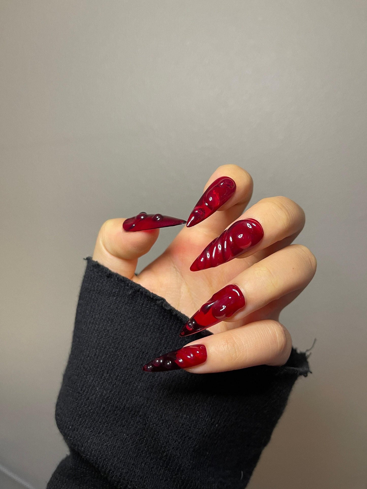 3D Y2K Red bloody press on nails, semitransparent Halloween vampires reusable nail, jelly fake nail