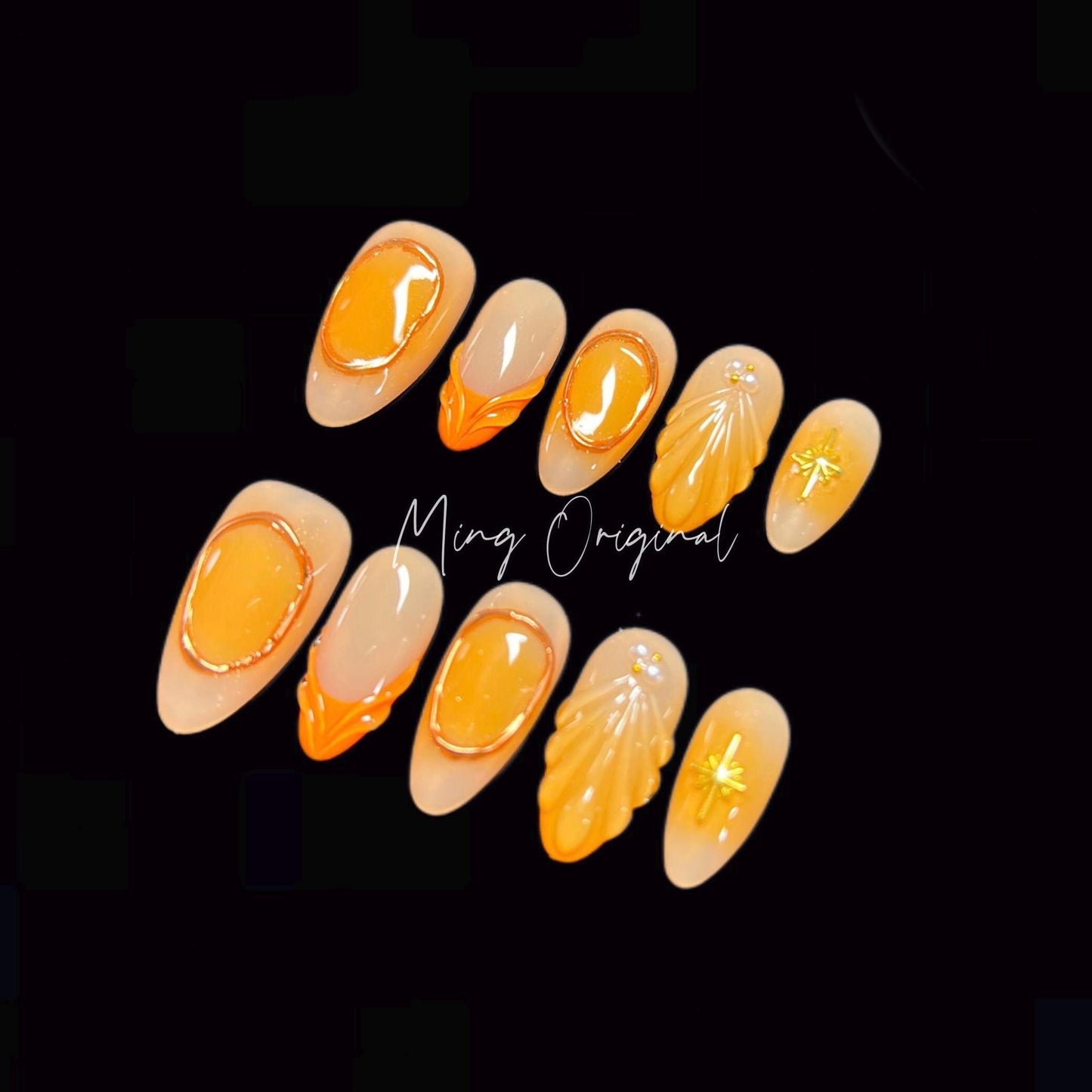 3D Orange Tone Mermaid press on nails, Chrome Nail, reusable nail, jelly fake nail