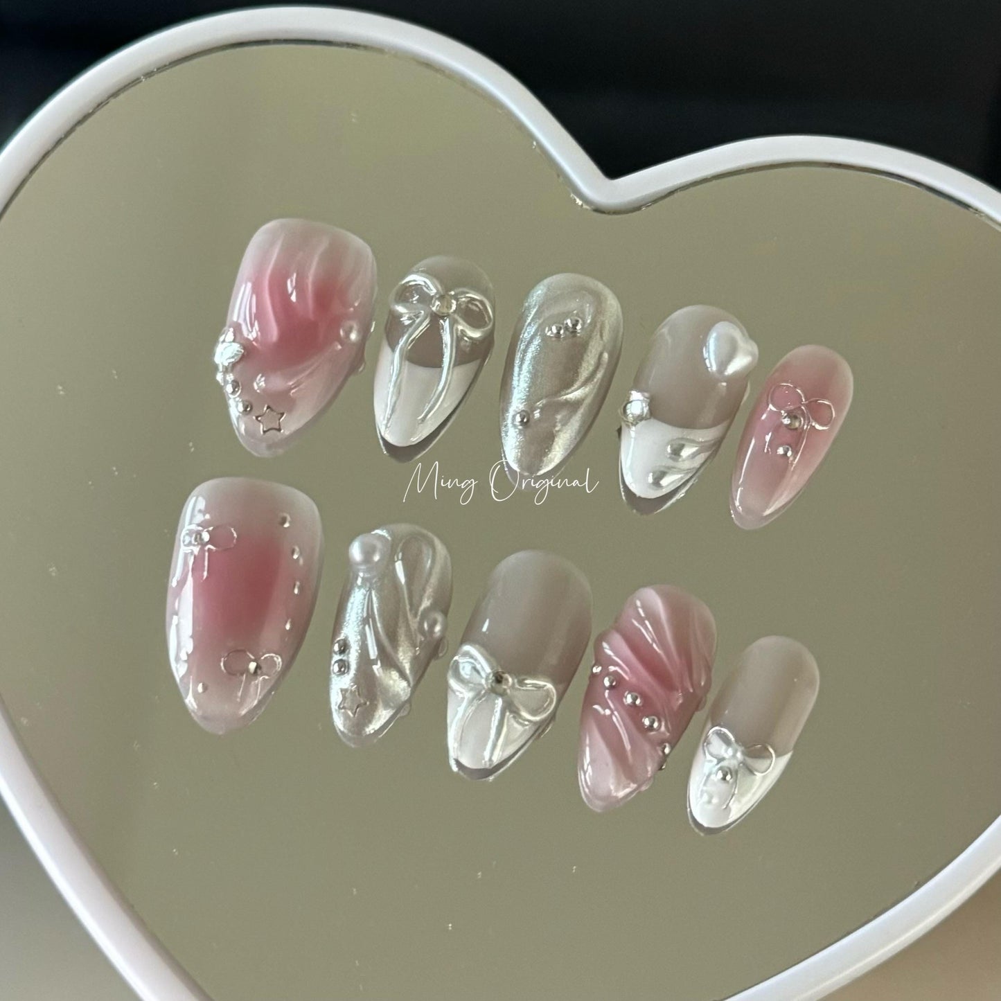 3d bow coquette xmas vibe free style press on nails, heart pearls and silver chrome detail nail, glue on nail, gift for her,MO372