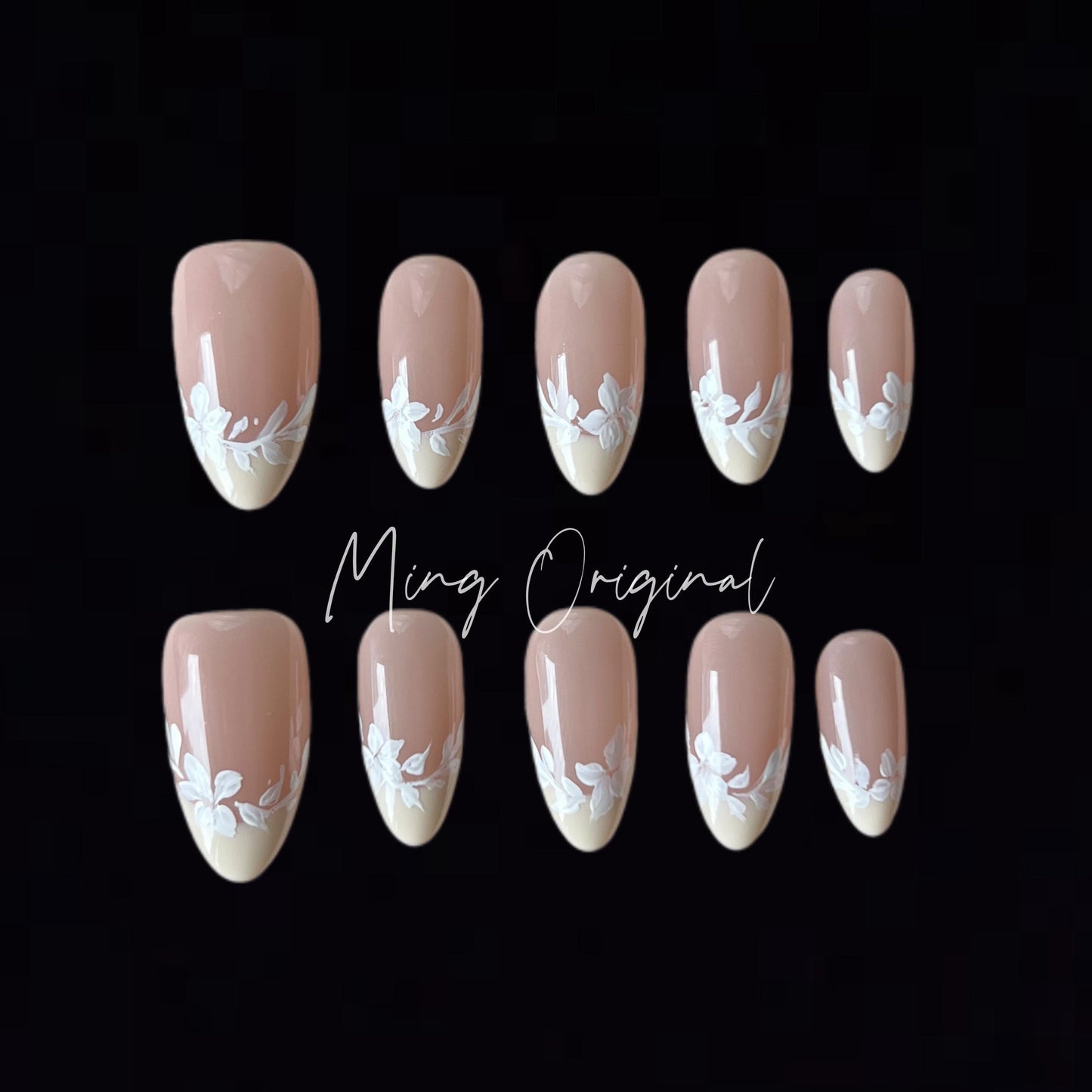 Wedding Nail, White Flower, French tip, hand painted wild flower Press on Nails, bridal nail, bridesmaid nail, gift for her