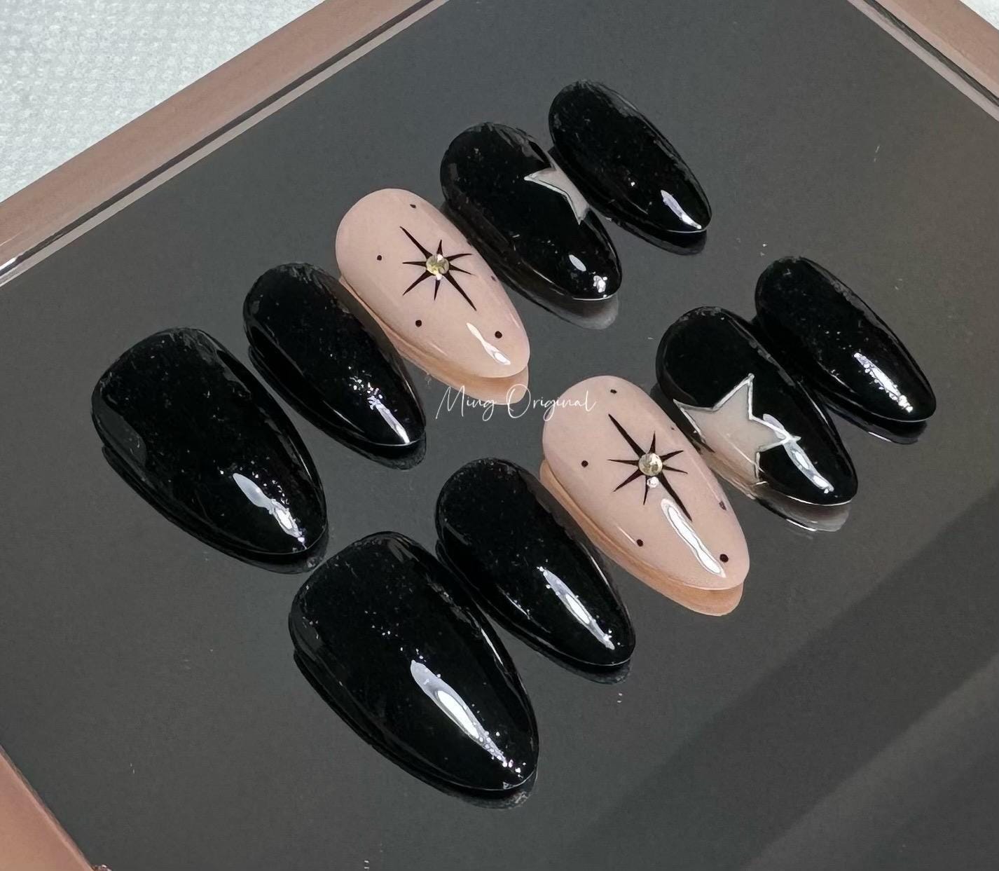 Simple black and silver glitter star Press on Nails, nude everyday nail , glue on nail, holiday Christmas birthday gift for her,MO336