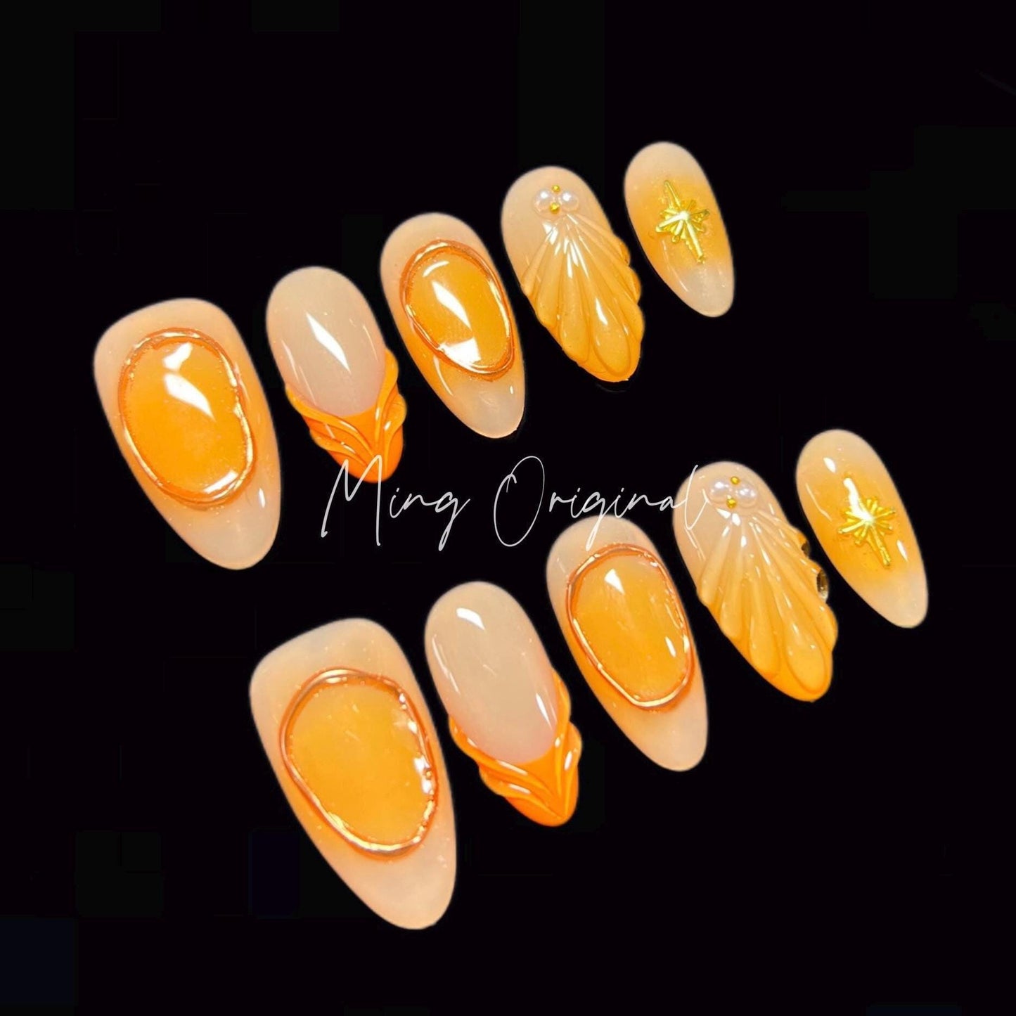 3D Orange Tone Mermaid press on nails, Chrome Nail, reusable nail, jelly fake nail