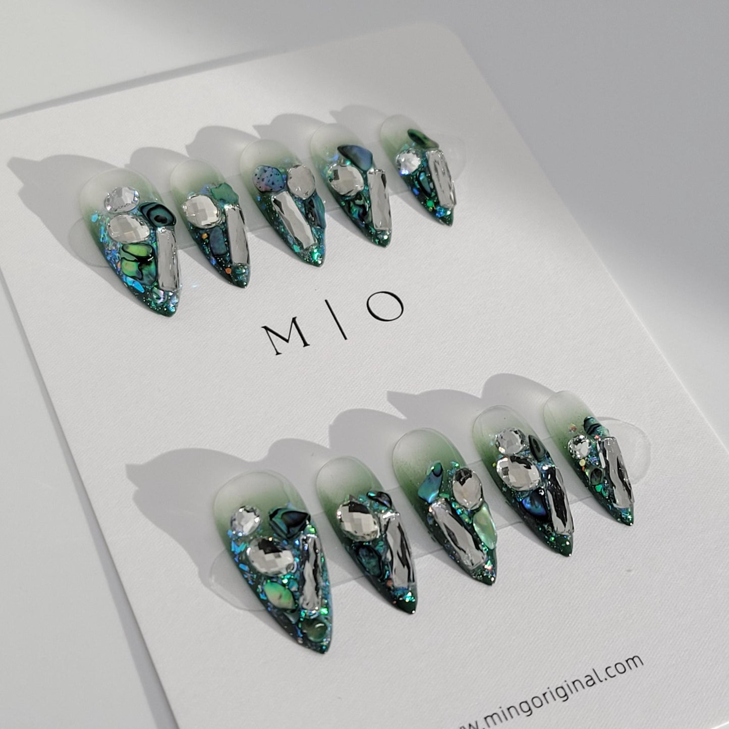 Mystery Christmas bling press on nails, green shells and ombre glue on glittery crystal nails, reuse nails, jelly fake nail, MO278