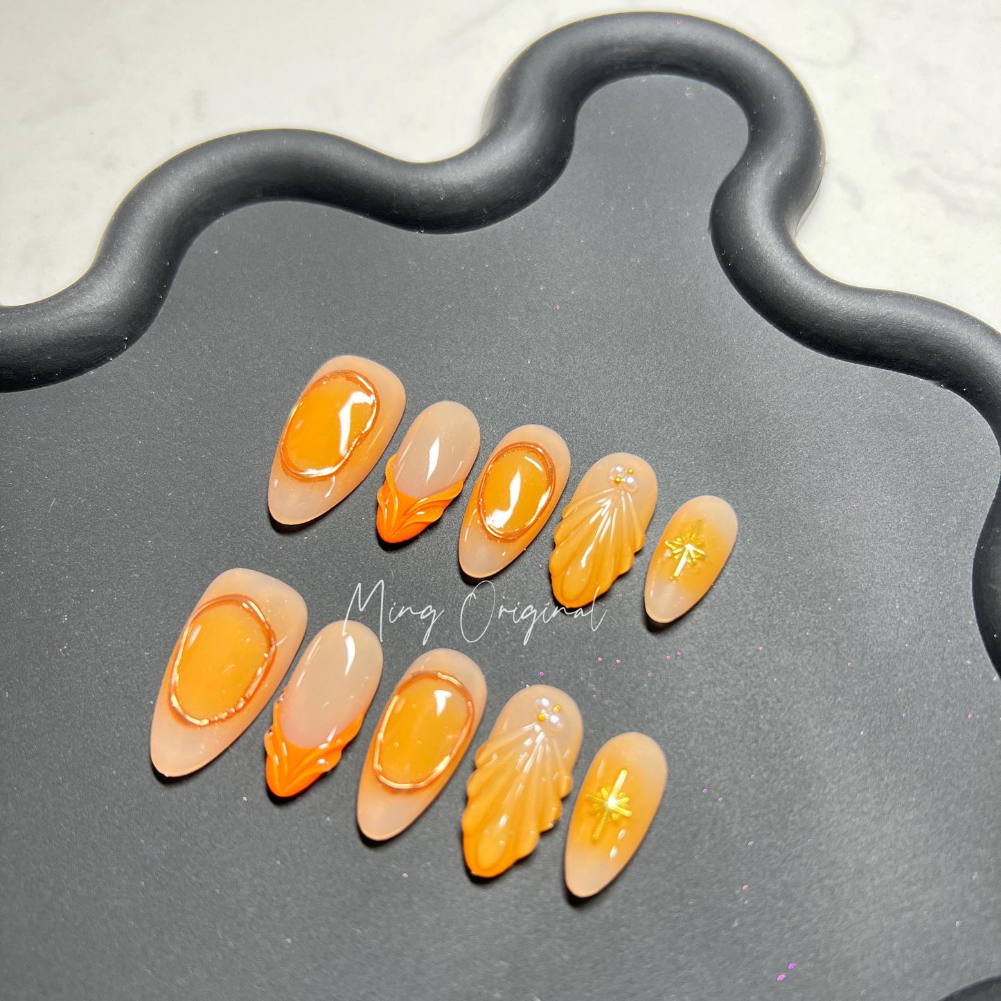 3D Orange Tone Mermaid press on nails, Chrome Nail, reusable nail, jelly fake nail
