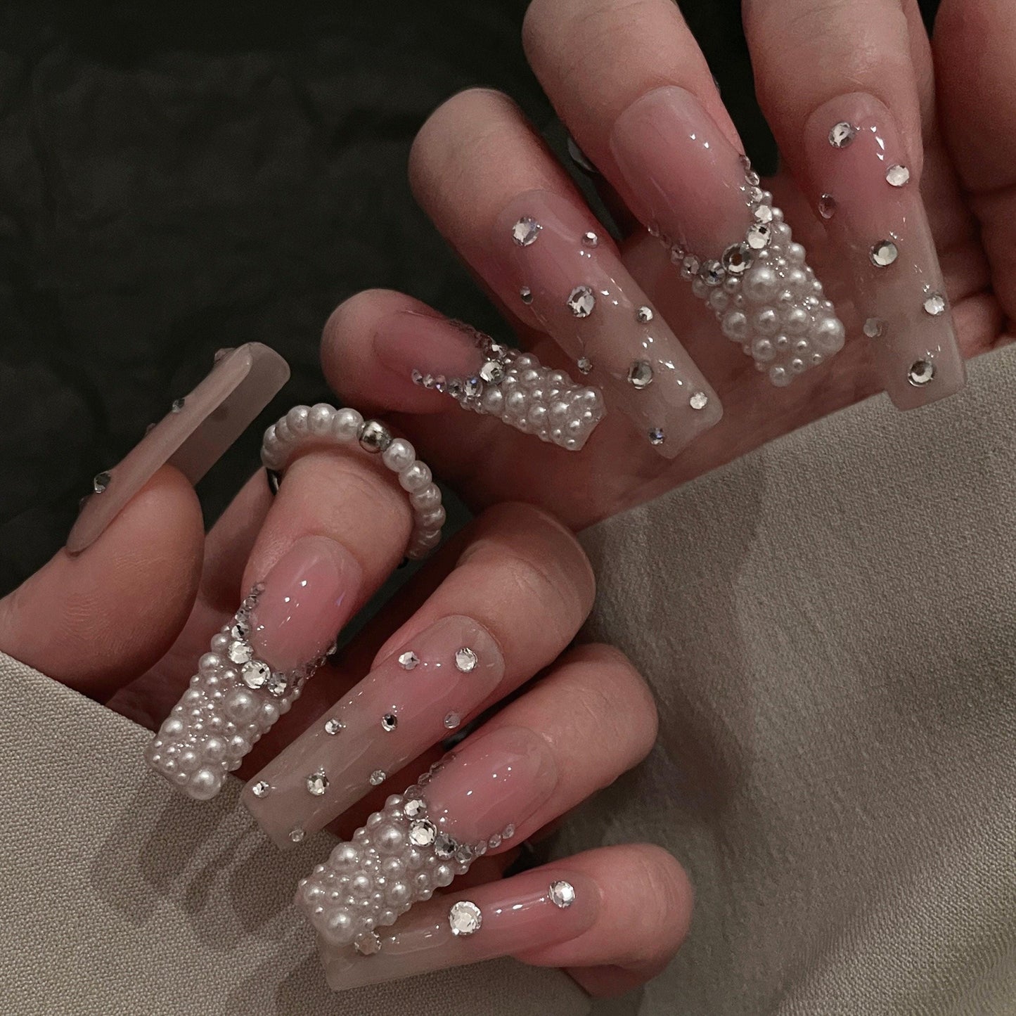 Da pearl| Pink blush Press on Nails,  French Nude Nails, Rhinestone bling Nails, Sparkly Diamond Nails, jewel nail, pearlescent nail,