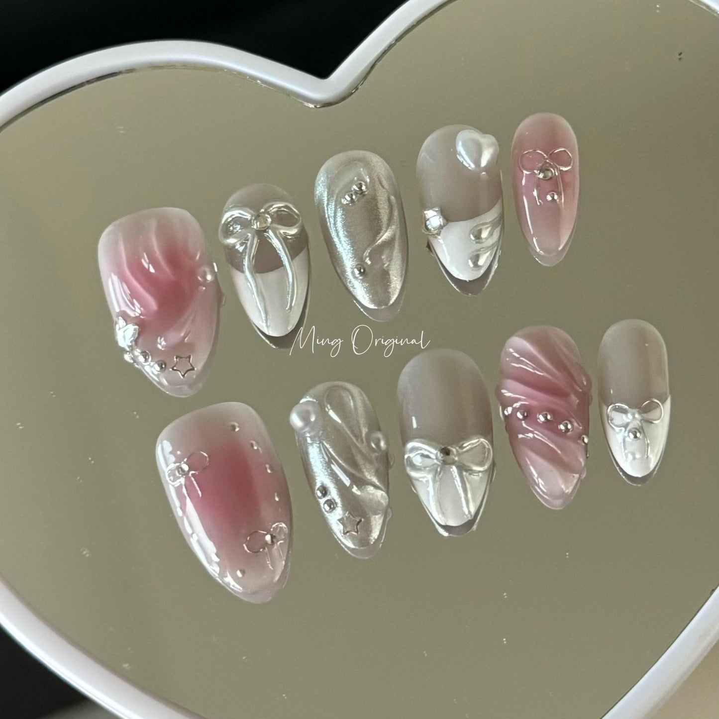 3d bow coquette xmas vibe free style press on nails, heart pearls and silver chrome detail nail, glue on nail, gift for her,MO372