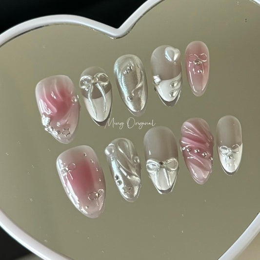 3d bow coquette xmas vibe free style press on nails, heart pearls and silver chrome detail nail, glue on nail, gift for her,MO372