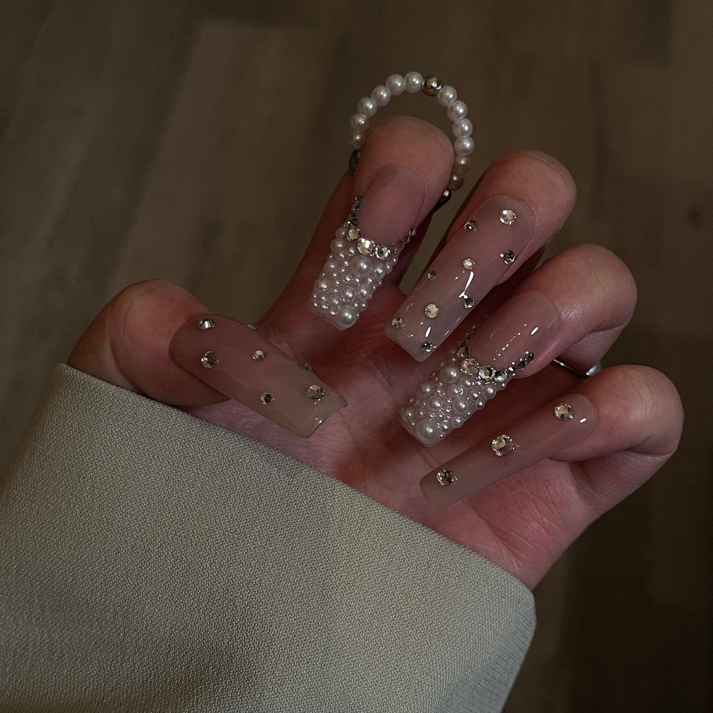 Da pearl| Pink blush Press on Nails,  French Nude Nails, Rhinestone bling Nails, Sparkly Diamond Nails, jewel nail, pearlescent nail,