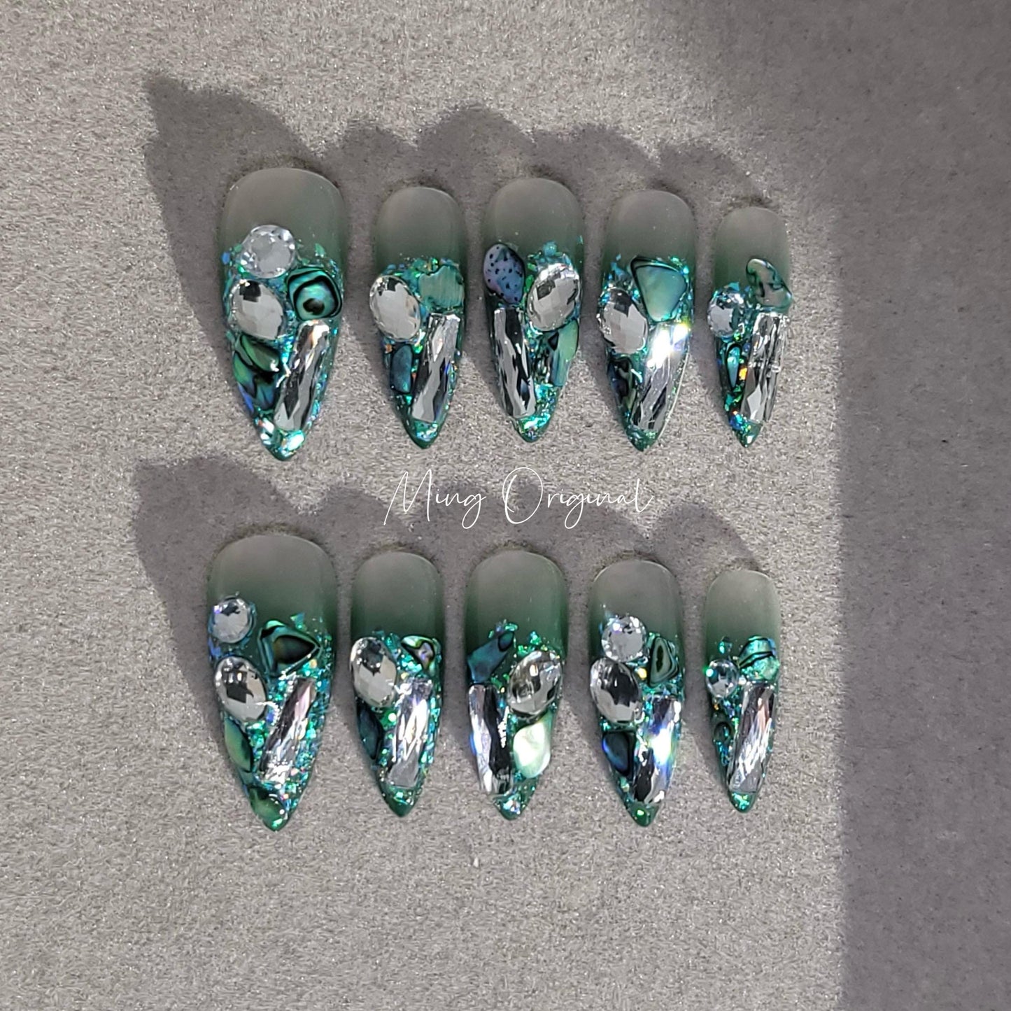 Mystery Christmas bling press on nails, green shells and ombre glue on glittery crystal nails, reuse nails, jelly fake nail, MO278