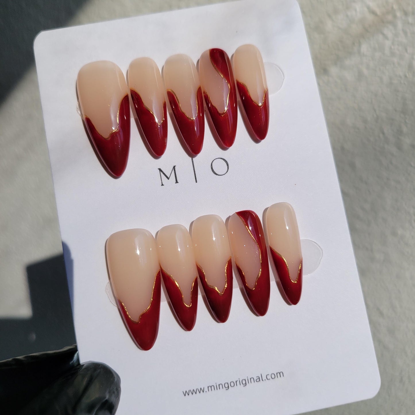 Free Style Red French Tip press on nails, abstract chrome line, Holiday Fake Nails, Gifts for Her