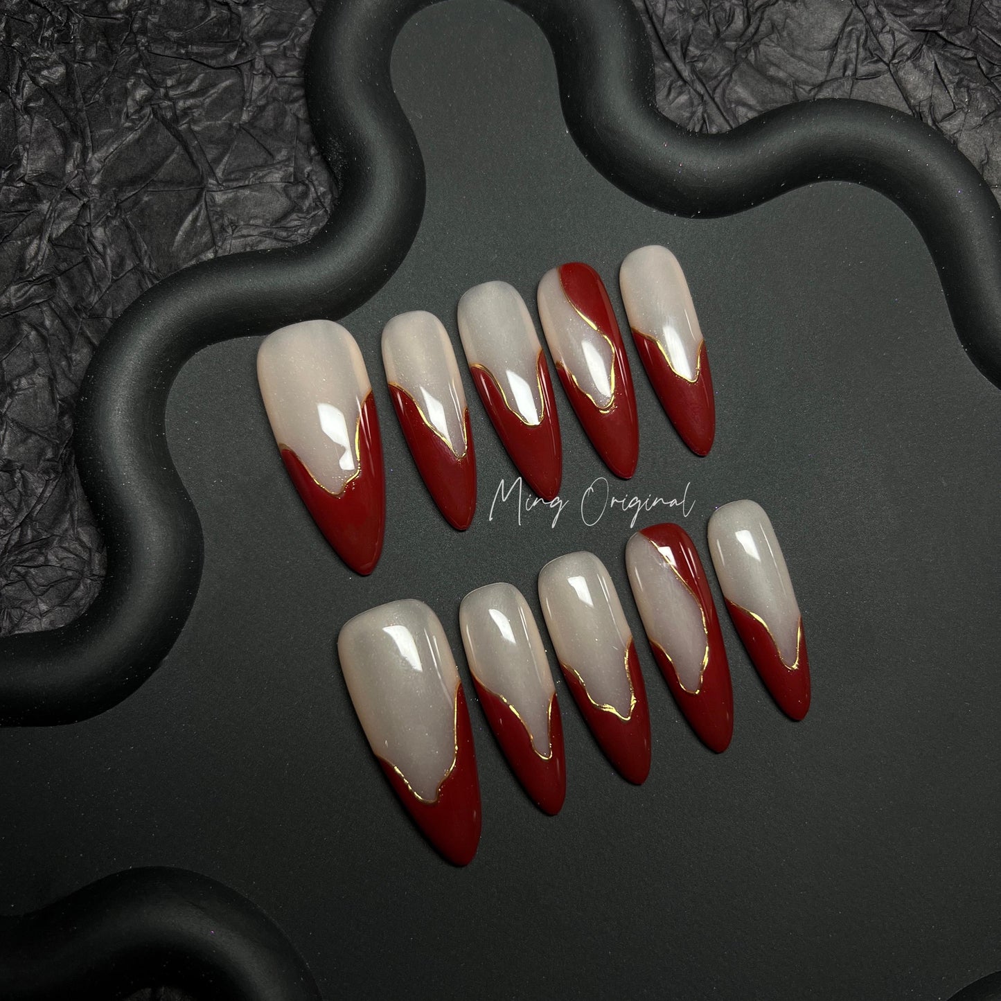 Free Style Red French Tip press on nails, abstract chrome line, Holiday Fake Nails, Gifts for Her