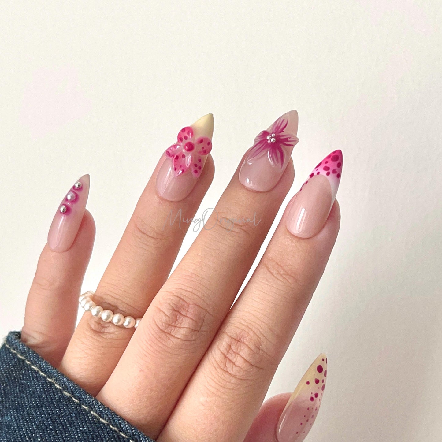 Pink and Pastel YellowColorful Vivid Blooming Flower Press on Nails, French tip Nails, Spring Summer, birthday holiday gift for her MO468