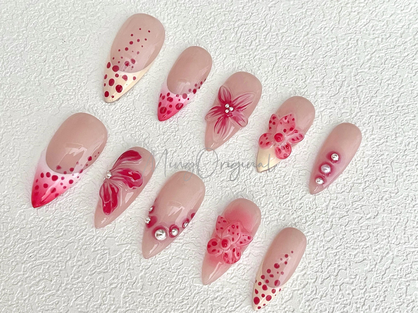 Pink and Pastel YellowColorful Vivid Blooming Flower Press on Nails, French tip Nails, Spring Summer, birthday holiday gift for her MO468