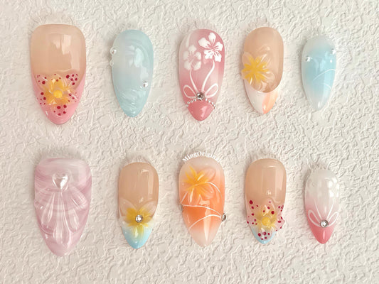 Aloha Bloom Summer Beach Vibe Flower Press on Nails, Colorful 3D nail, French tip Nails, Spring Summer, vacation holiday gift for her MO469