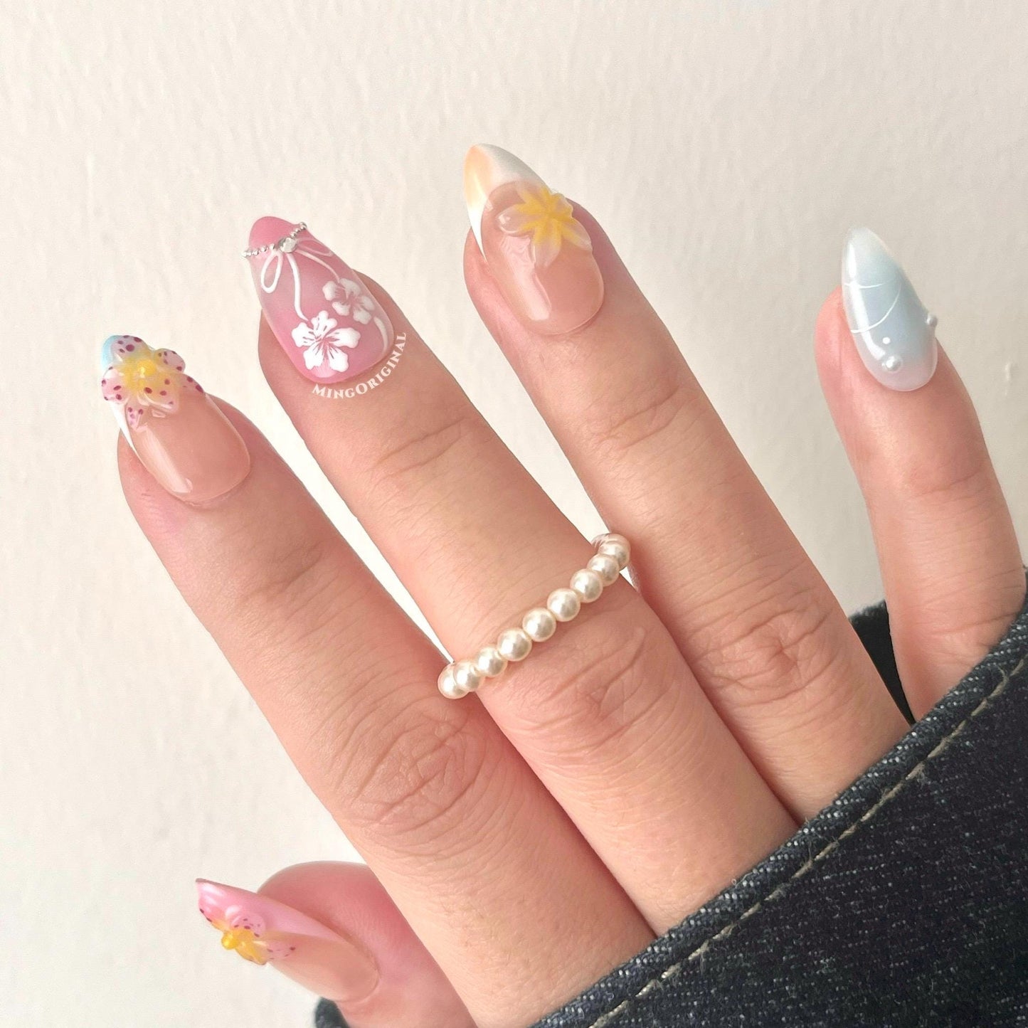 Aloha Bloom Summer Beach Vibe Flower Press on Nails, Colorful 3D nail, French tip Nails, Spring Summer, vacation holiday gift for her MO469