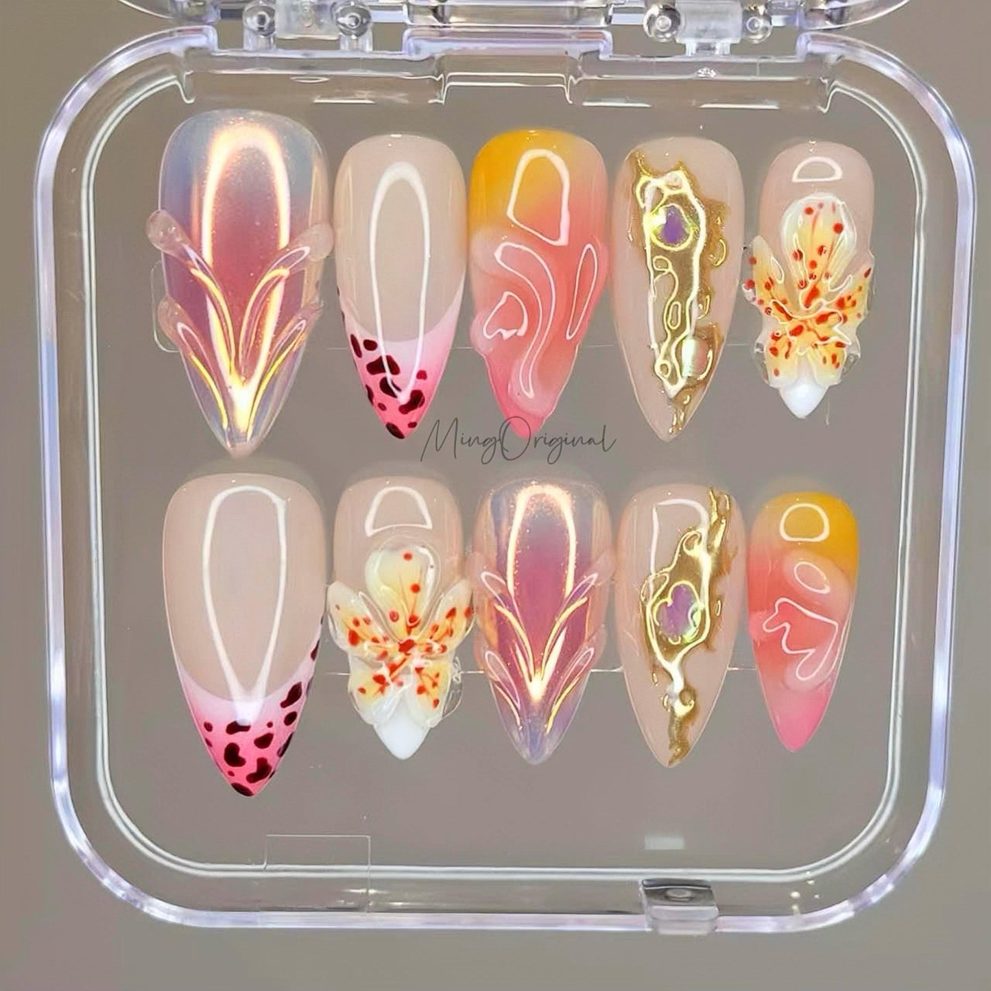Sunkissed Orchid Press On Nails, Handmade 3D Floral Nails, Soft Pink Chrome Nails with Gold Accents, Elegant Summer gift for her, MO470