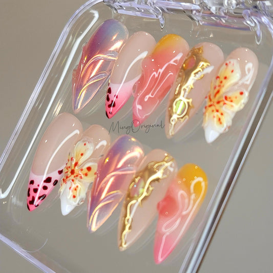 Sunkissed Orchid Press On Nails, Handmade 3D Floral Nails, Soft Pink Chrome Nails with Gold Accents, Elegant Summer gift for her, MO470