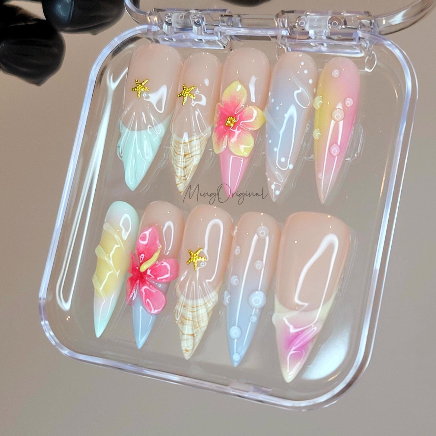 Coastal Bloom Summer Press On Nails, 3D Flowers & Paste Gradient Beachy Mermaid Vibes, Handmade gift for her, MO470