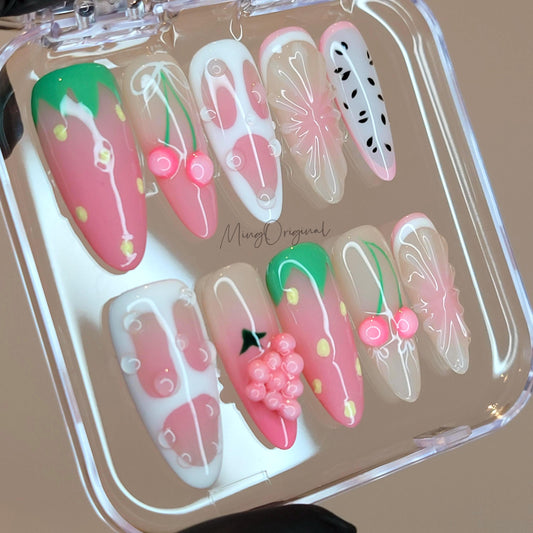 Juicy Fruits Summer Pink Cherry Fruit Lover press on nails,Fresh Look Candy Color Gifts for Her, strawberry Kiwi Watermelon, vacation MO472