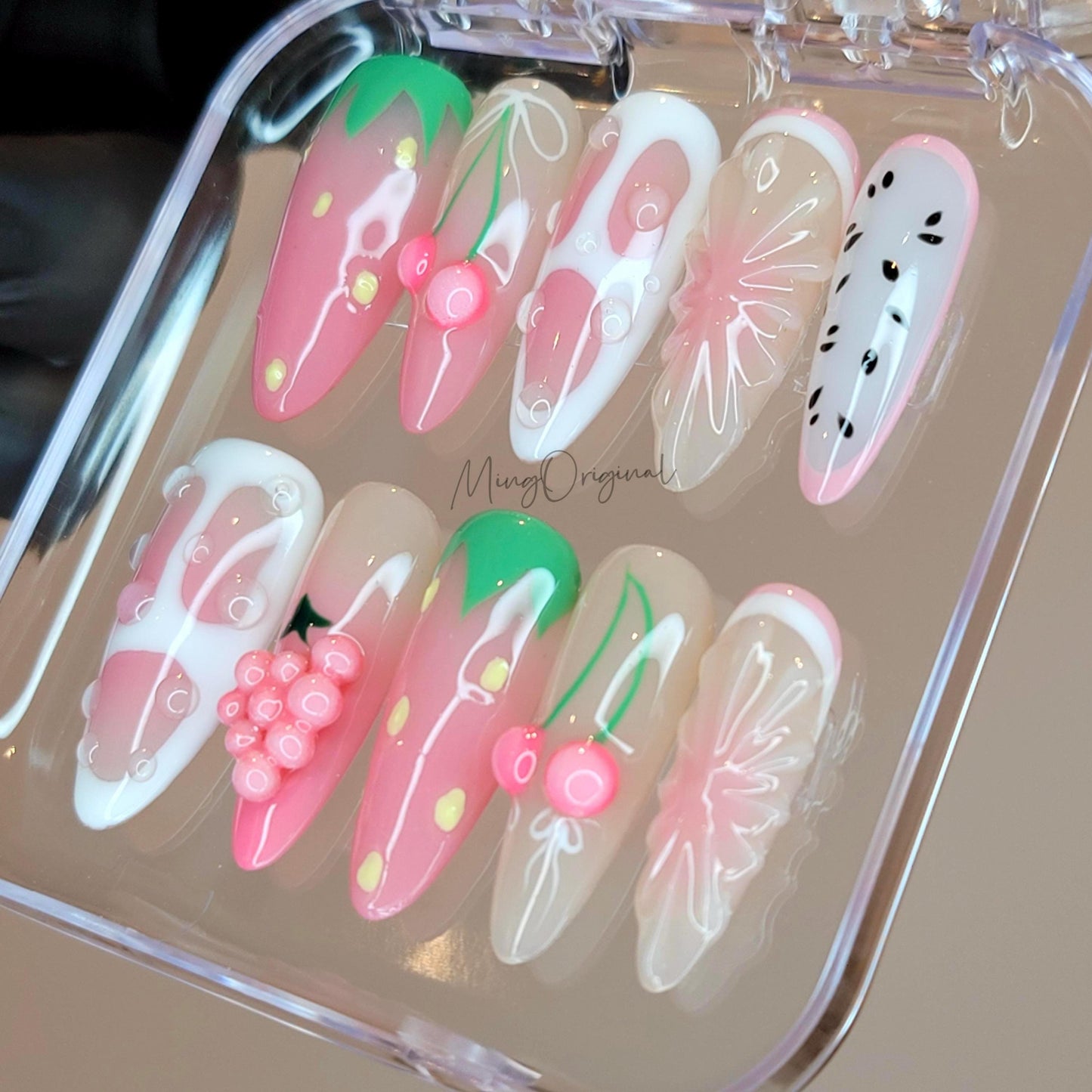 Juicy Fruits Summer Pink Cherry Fruit Lover press on nails,Fresh Look Candy Color Gifts for Her, strawberry Kiwi Watermelon, vacation MO472