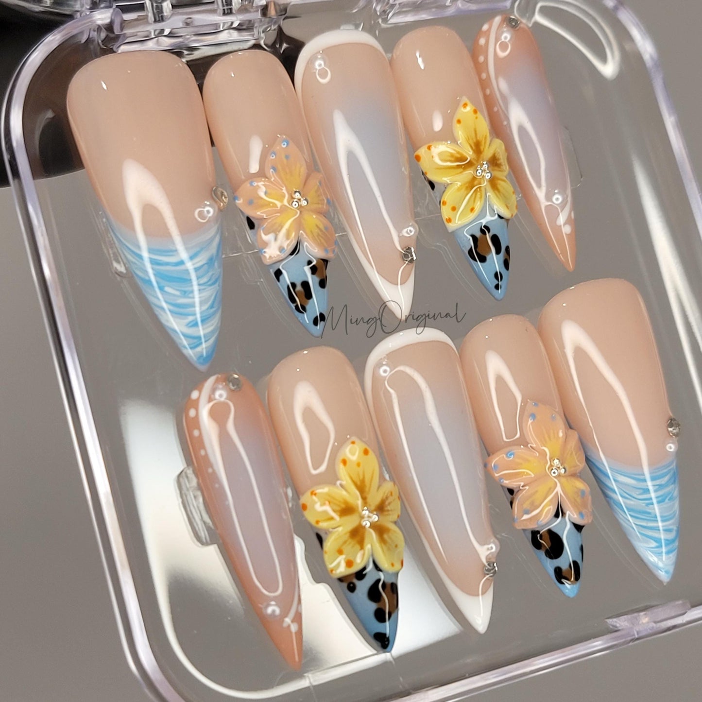 Summer Dune Press On Nails, Yellow 3D Floral Soft Nude with Animal Print Accents, Handmade Blue Ocean Beach-Inspired, gift for her, MO473