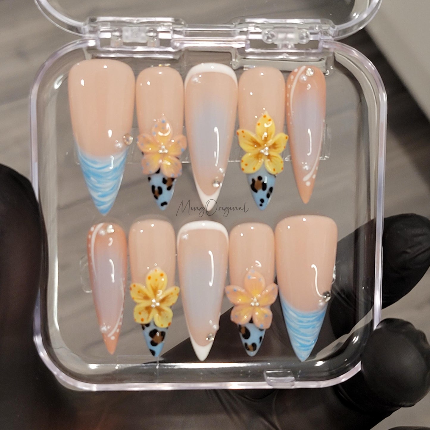 Summer Dune Press On Nails, Yellow 3D Floral Soft Nude with Animal Print Accents, Handmade Blue Ocean Beach-Inspired, gift for her, MO473