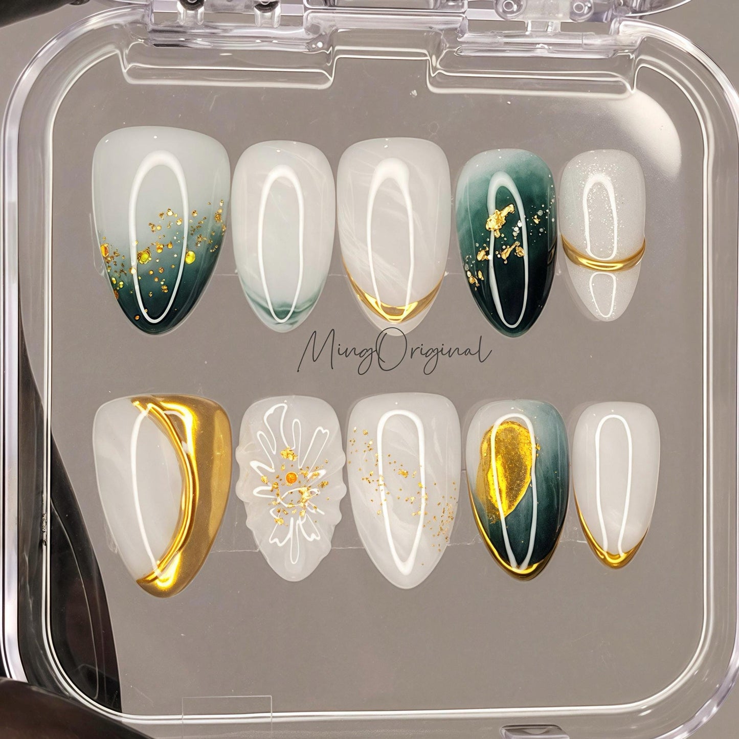 Golden Silence Press On Nails, Elegant White Emerald Green Nails with Gold Foil, Beach Vibe Vacation gift for her,MO474