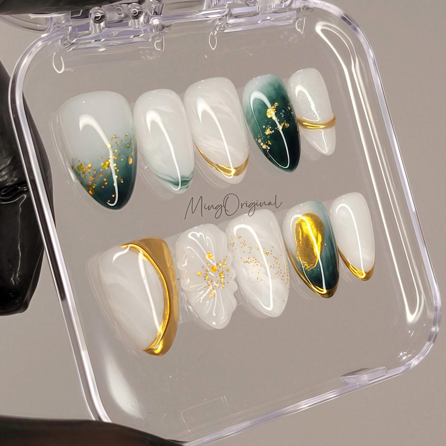 Golden Silence Press On Nails, Elegant White Emerald Green Nails with Gold Foil, Beach Vibe Vacation gift for her,MO474
