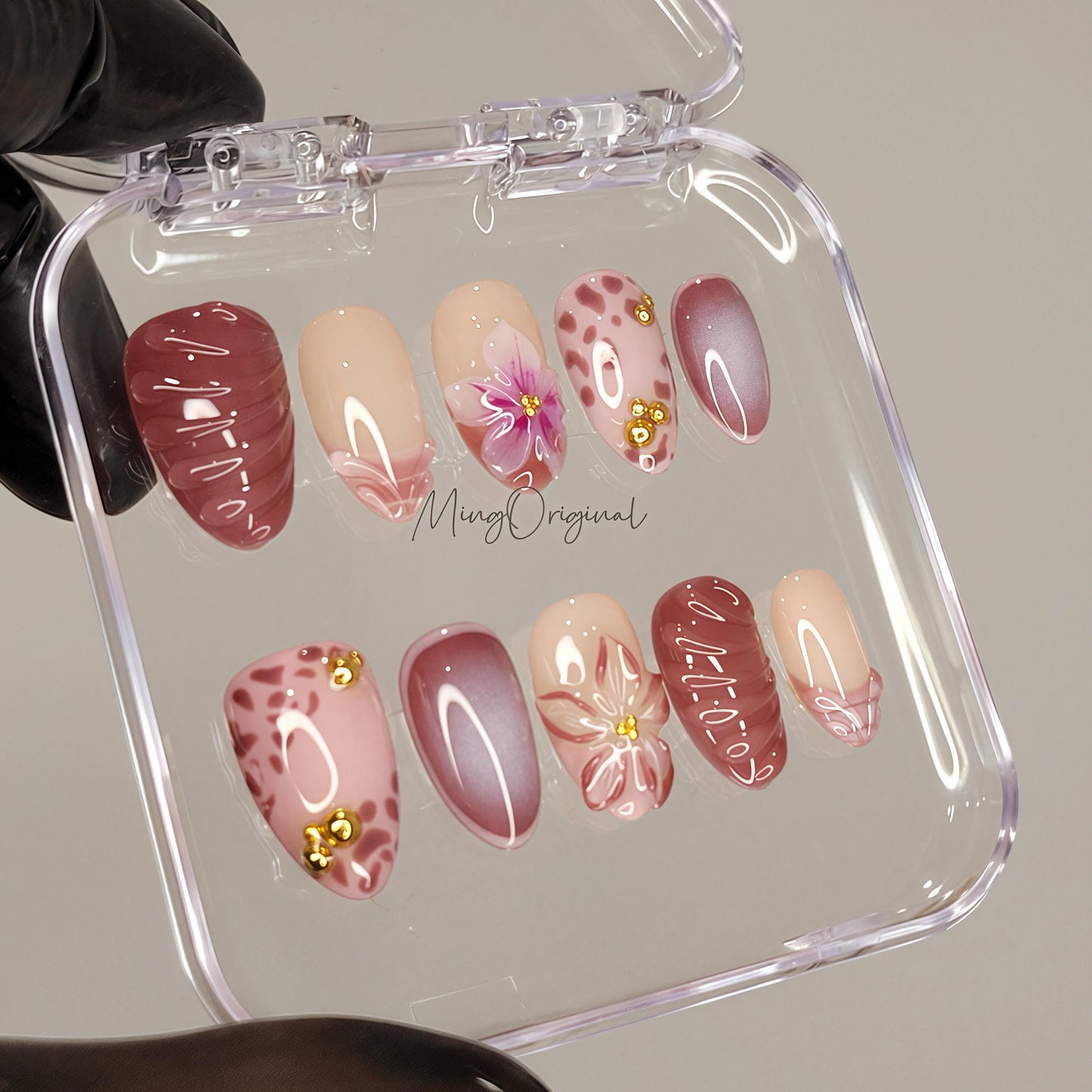 Dusty Petal Dance Press On Nails, Mauve Pink Floral Nails with Animal Print Accents,Handmade Romantic Blush Set, Vacation gift for her MO475