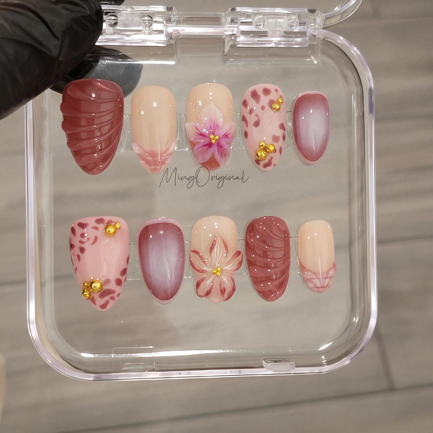 Dusty Petal Dance Press On Nails, Mauve Pink Floral Nails with Animal Print Accents,Handmade Romantic Blush Set, Vacation gift for her MO475