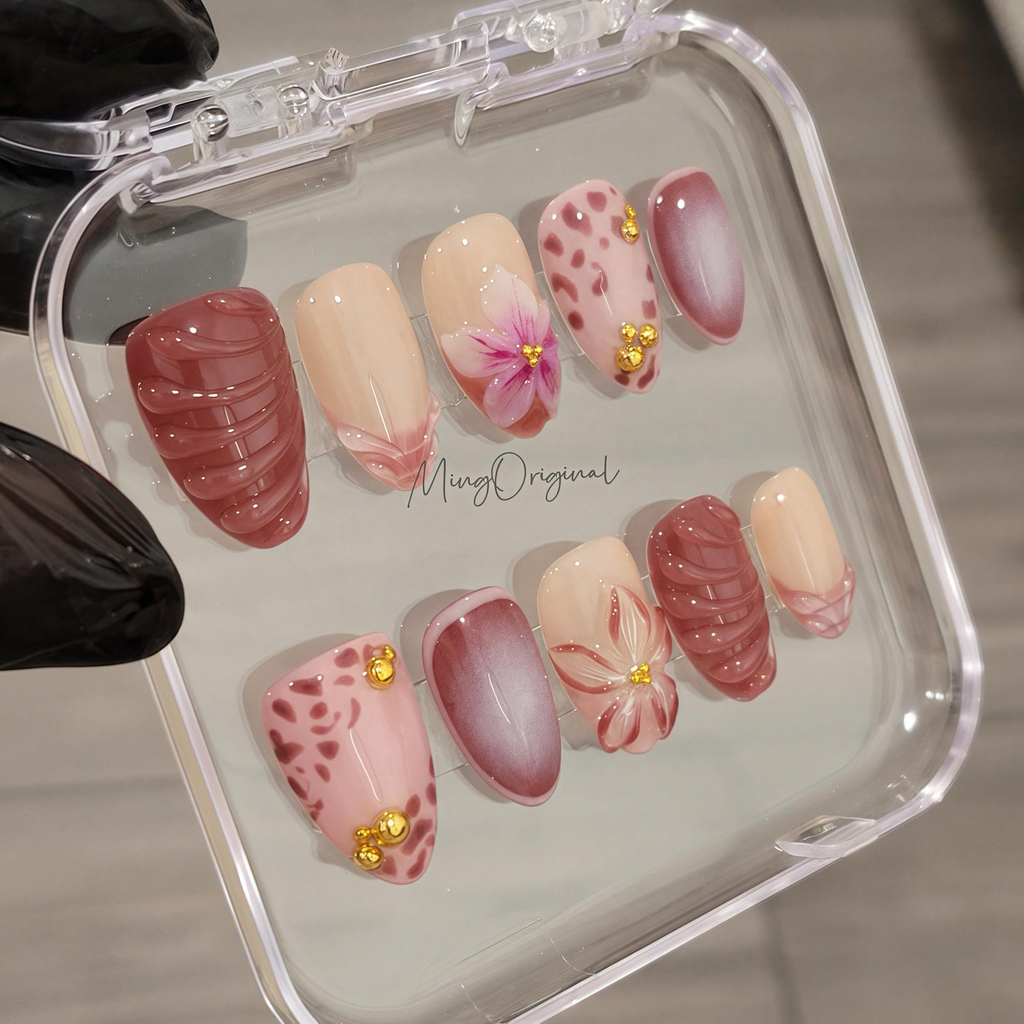 Dusty Petal Dance Press On Nails, Mauve Pink Floral Nails with Animal Print Accents,Handmade Romantic Blush Set, Vacation gift for her MO475
