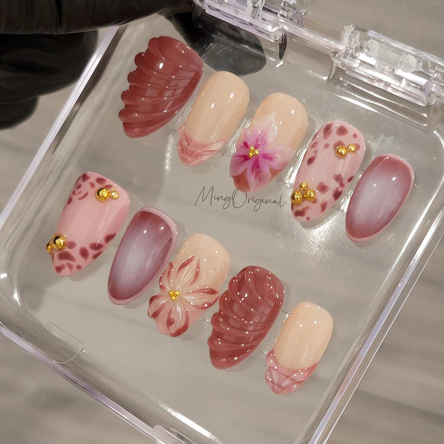 Dusty Petal Dance Press On Nails, Mauve Pink Floral Nails with Animal Print Accents,Handmade Romantic Blush Set, Vacation gift for her MO475