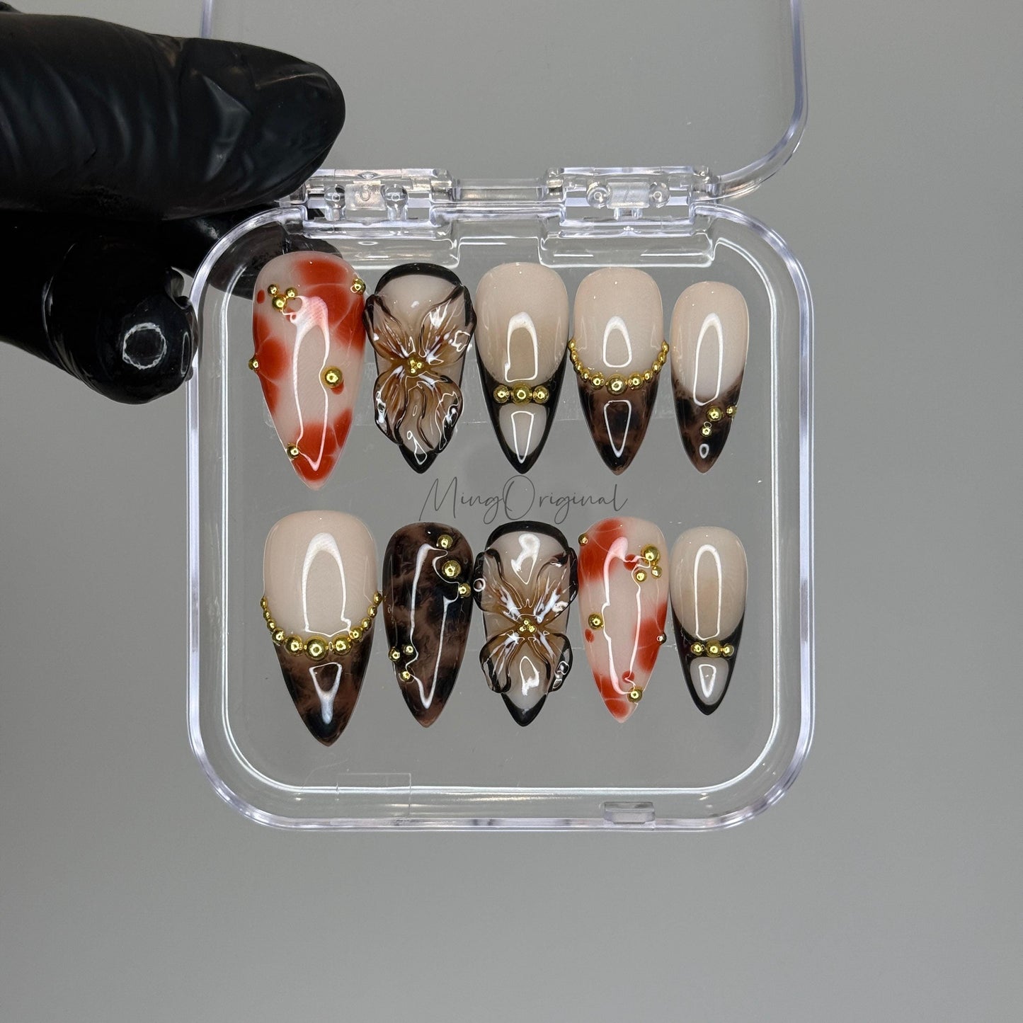 Firewood Garden Press On Nails, Handmade Tortoise Shell Nails with 3D Florals & Gold Details, Smoky Burnt Orange,Vacation gift for her,MO476