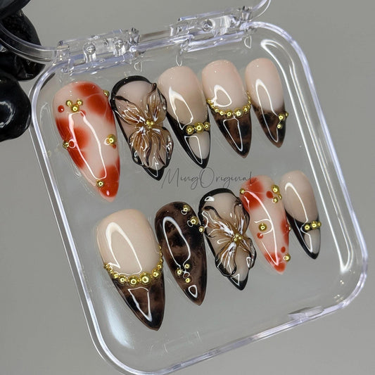 Firewood Garden Press On Nails, Handmade Tortoise Shell Nails with 3D Florals & Gold Details, Smoky Burnt Orange,Vacation gift for her,MO476