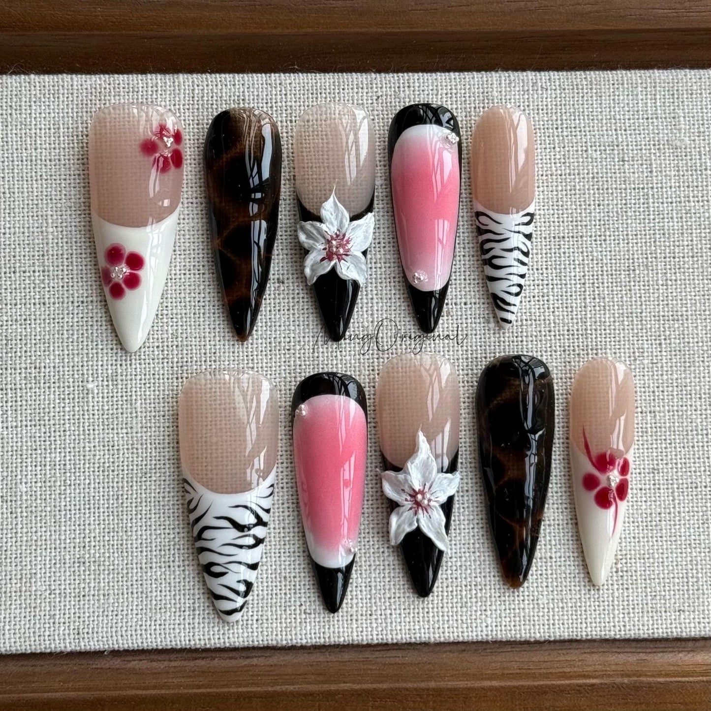 Blush Bite| Pink Ombre Nails with Zebra Print Press On Nails, Tortoise Shell & 3D Floral, Handmade Feminine Vacation gift for her,MO477