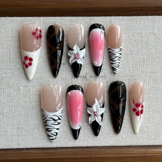 Blush Bite| Pink Ombre Nails with Zebra Print Press On Nails, Tortoise Shell & 3D Floral, Handmade Feminine Vacation gift for her,MO477