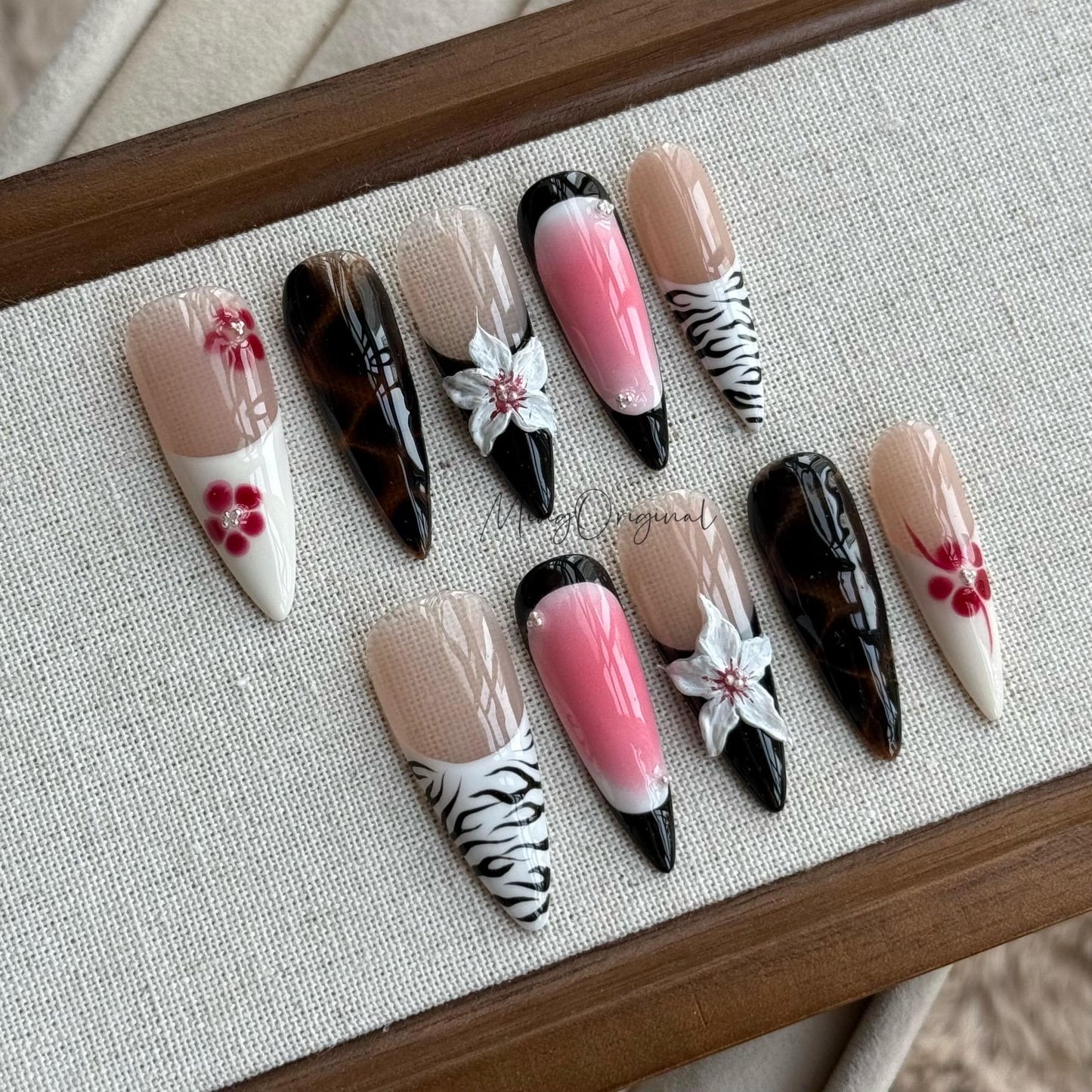 Blush Bite| Pink Ombre Nails with Zebra Print Press On Nails, Tortoise Shell & 3D Floral, Handmade Feminine Vacation gift for her,MO477