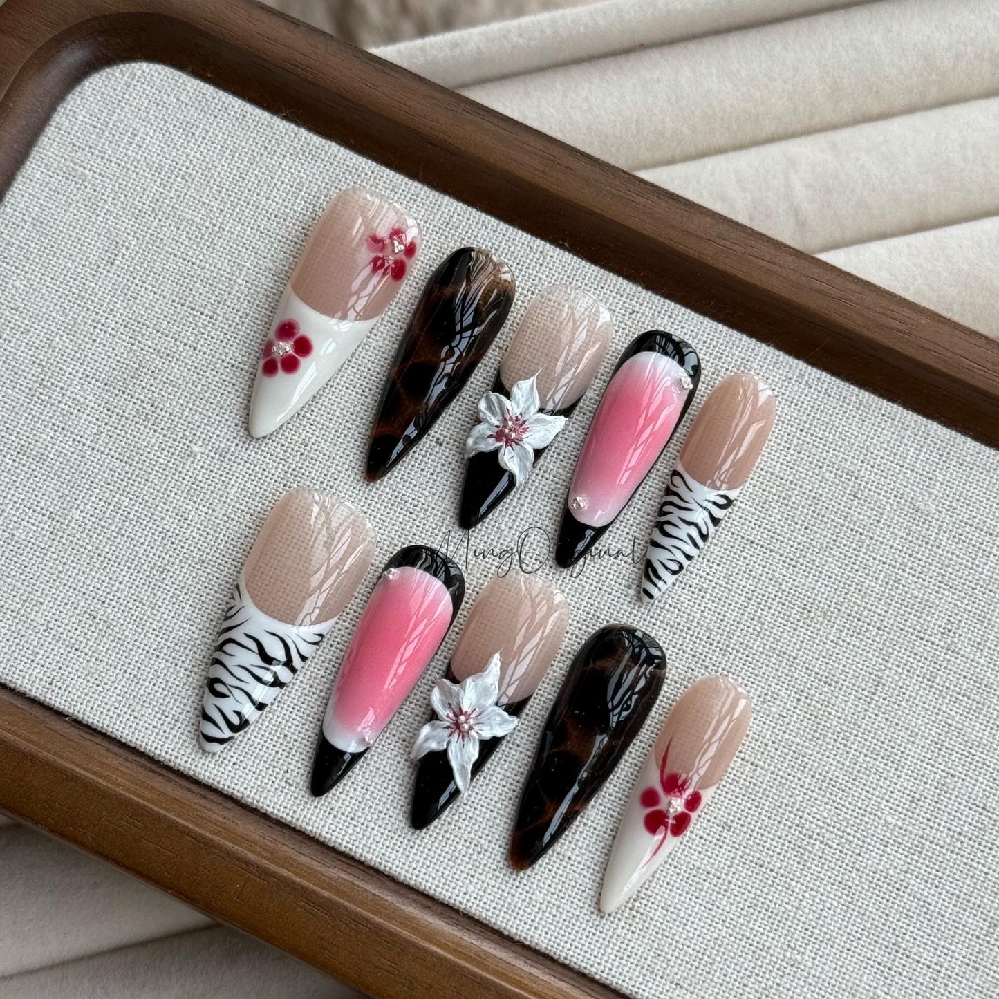 Blush Bite| Pink Ombre Nails with Zebra Print Press On Nails, Tortoise Shell & 3D Floral, Handmade Feminine Vacation gift for her,MO477