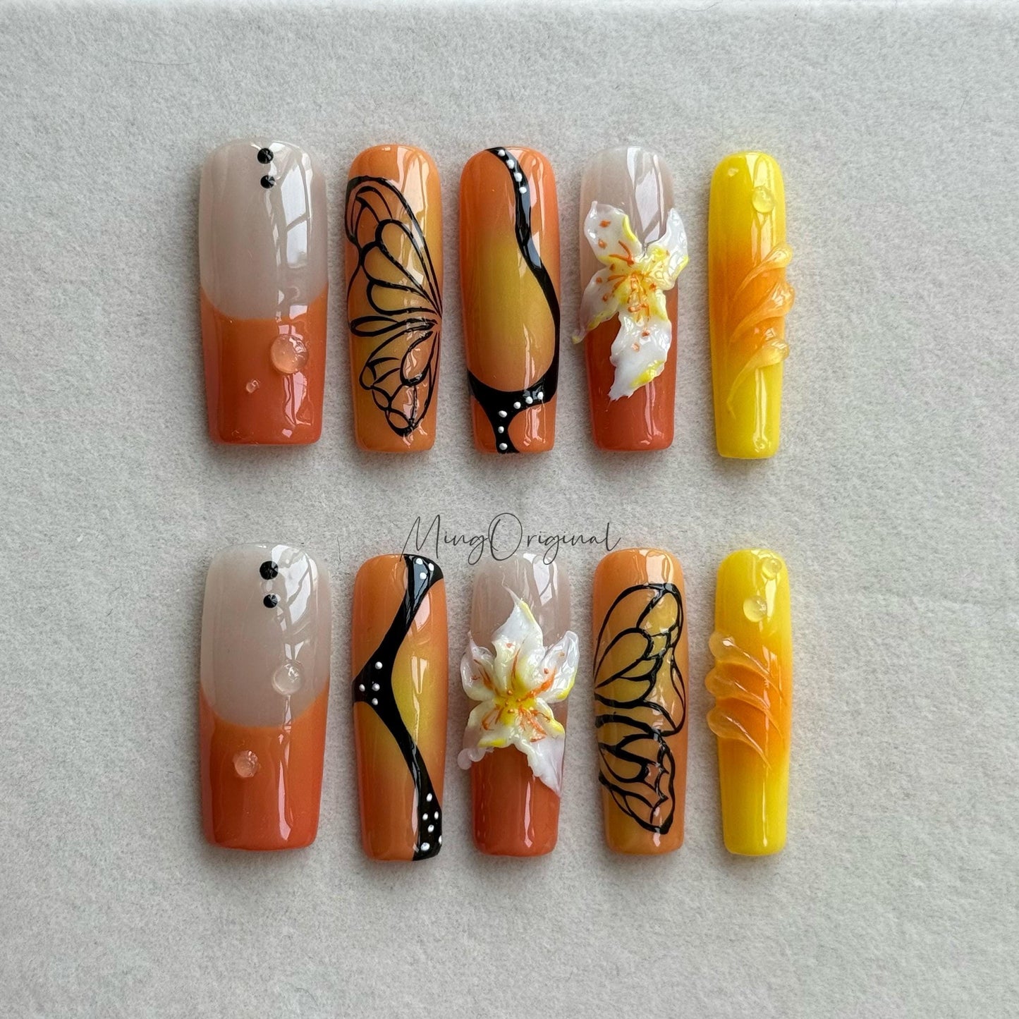 Sunset Tropical Press On Nails, Orange Yellow Ombre Nails with Butterfly Wings & 3D Flowers, Summer Nail Art, Vacation Gift for her,MO479