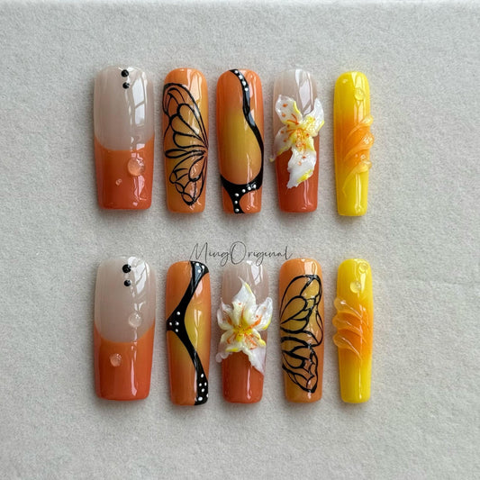 Sunset Tropical Press On Nails, Orange Yellow Ombre Nails with Butterfly Wings & 3D Flowers, Summer Nail Art, Vacation Gift for her,MO479