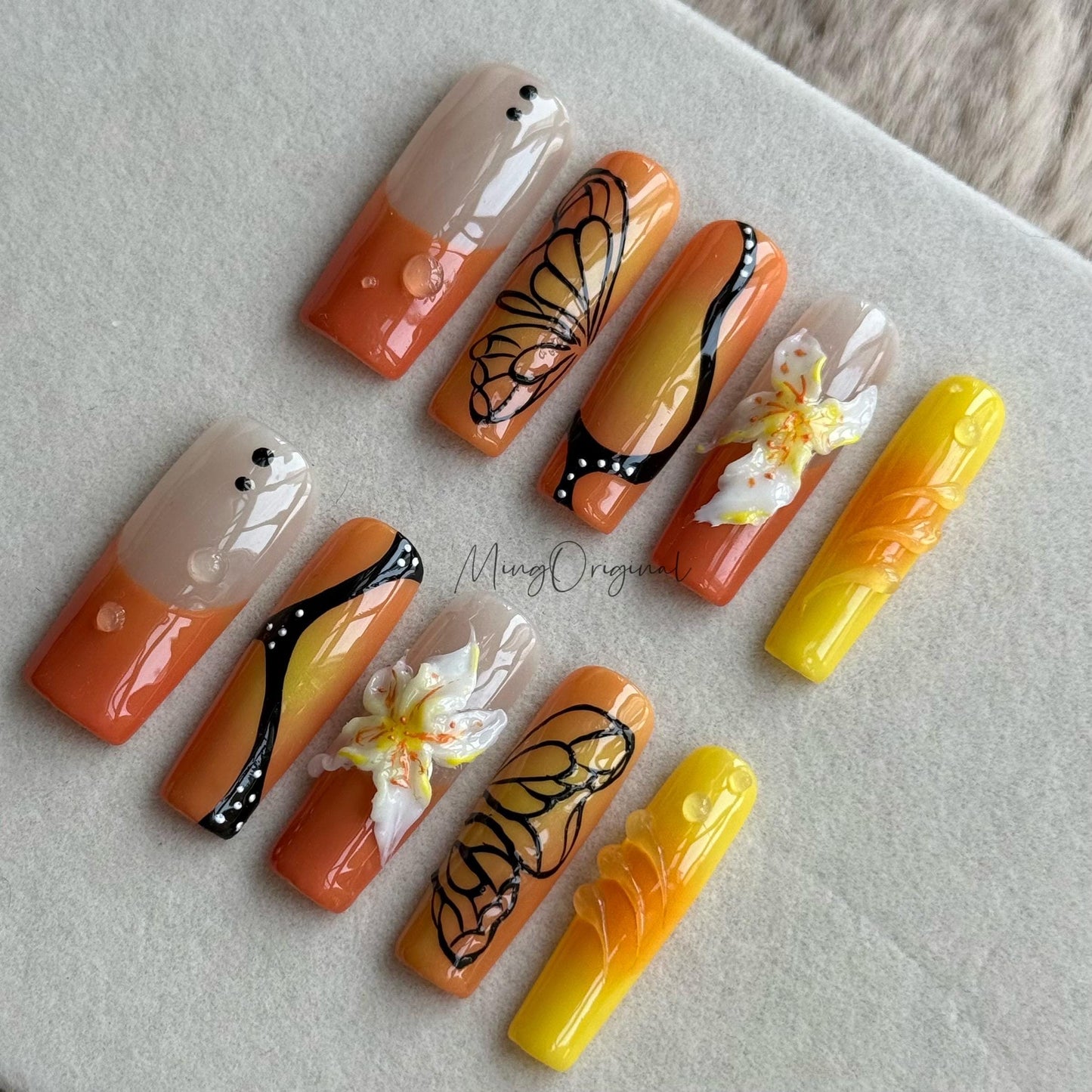 Sunset Tropical Press On Nails, Orange Yellow Ombre Nails with Butterfly Wings & 3D Flowers, Summer Nail Art, Vacation Gift for her,MO479