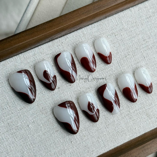 Velvet Drip| Dark Brown Red Abstract Press On Nail, Milky White Gel Nail, Minimalist Glossy Handmade Nail Set, Swirls, Gift For Her,MO481