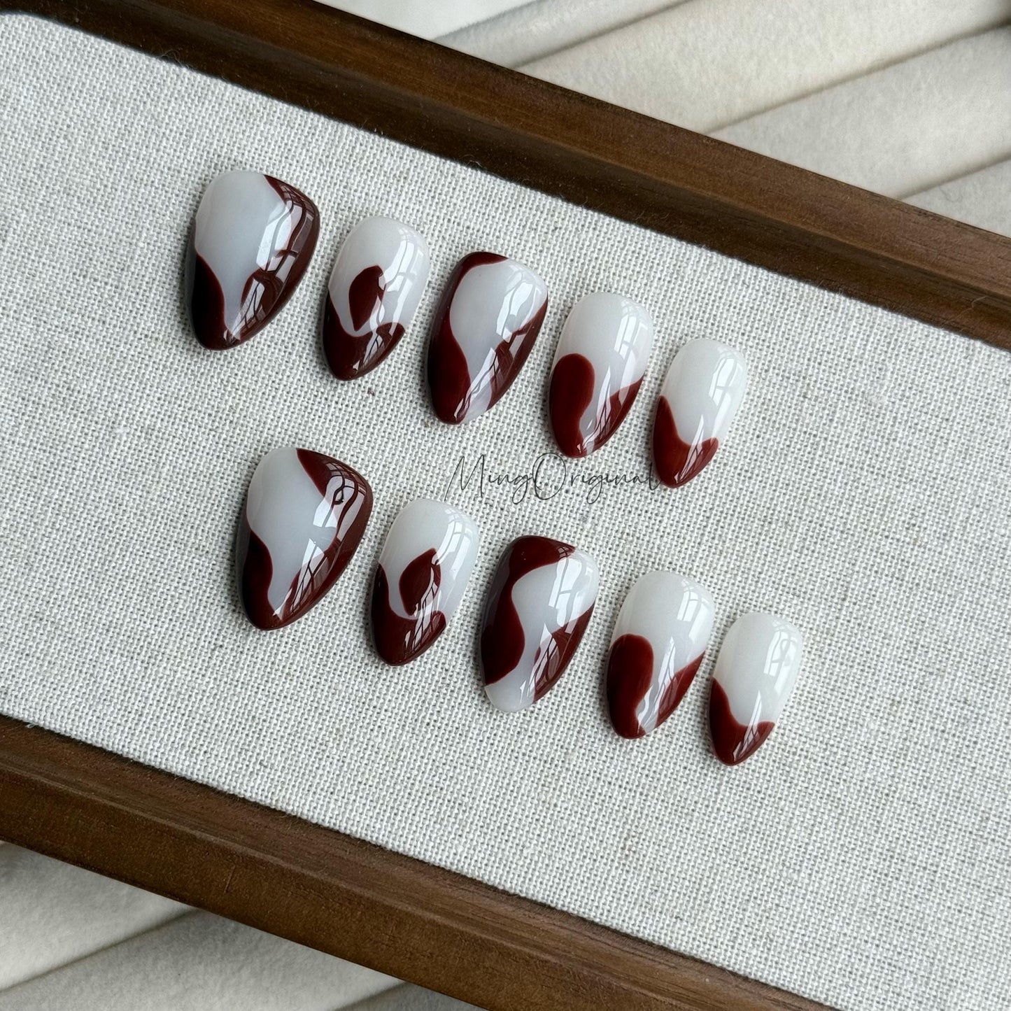 Velvet Drip| Dark Brown Red Abstract Press On Nail, Milky White Gel Nail, Minimalist Glossy Handmade Nail Set, Swirls, Gift For Her,MO481